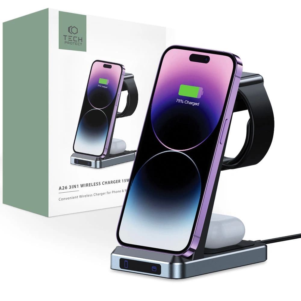 Bezdrátová nabíječka Tech-Protect QI15W-A26 3in1 Wireless Charger Black - 1