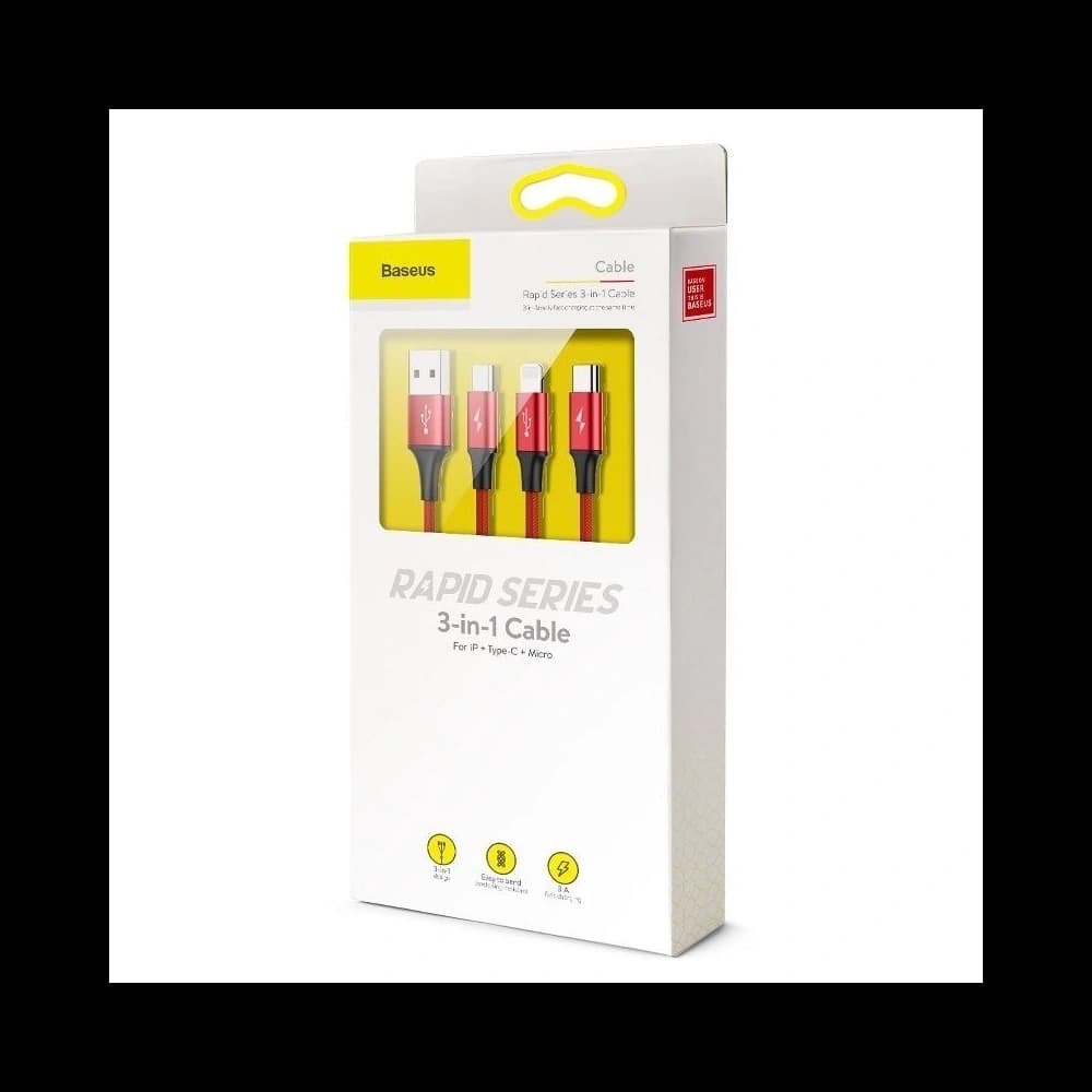 Baseus USB Rapid Cable 3in1 Type-C / Lightning / Micro 3A 1,2M Red - 8