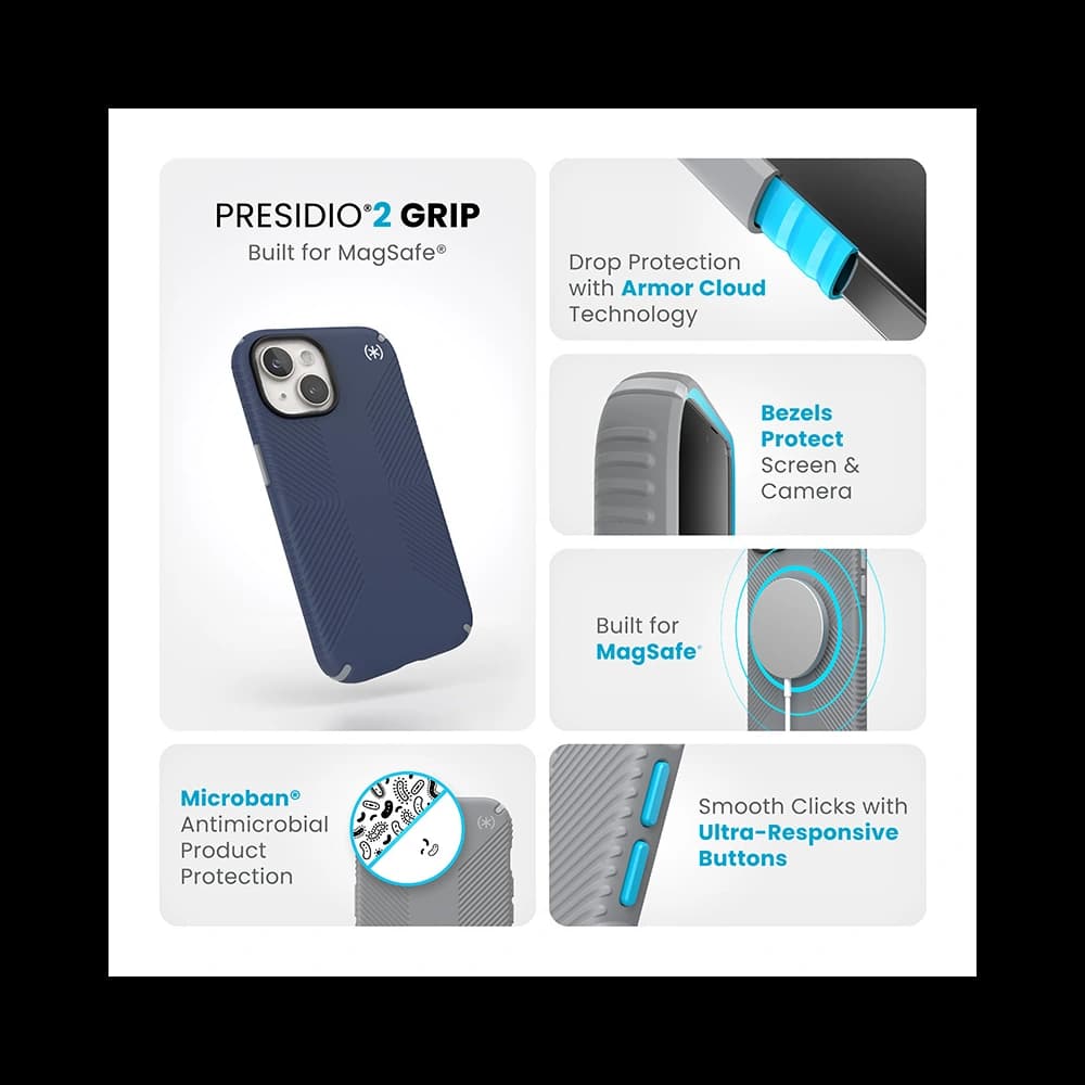 Tok Speck Presidio2 Grip MagSafe Apple iPhone 15 (Tengerész Kék/Porszürke/Fehér) - 11