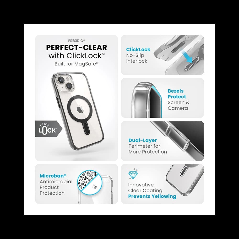 Speck Presidio Perfect-Clear ClickLock MagSafe Apple iPhone 15 (Clear/Frosted Black/Slate Grey) - 10