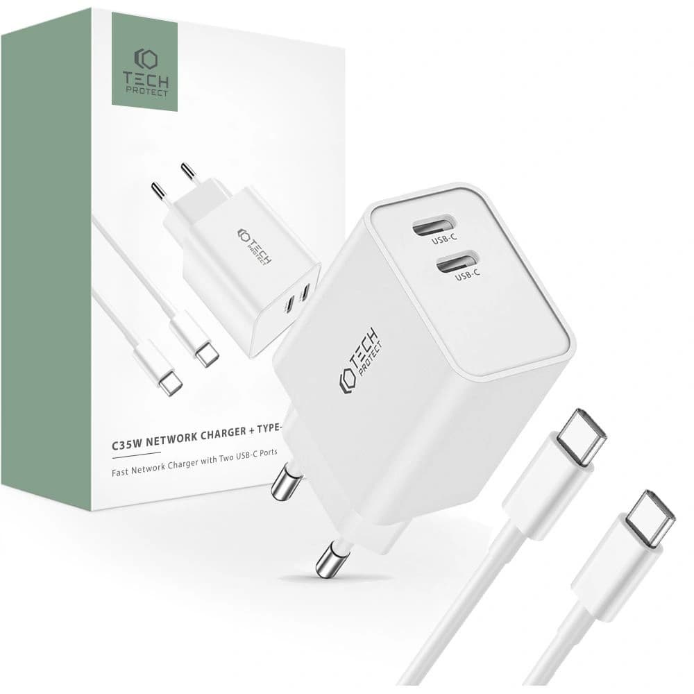 Síťová nabíječka Tech-Protect C35W, 2xUSB-C, PD, 35W + bílý USB-C kabel - 1