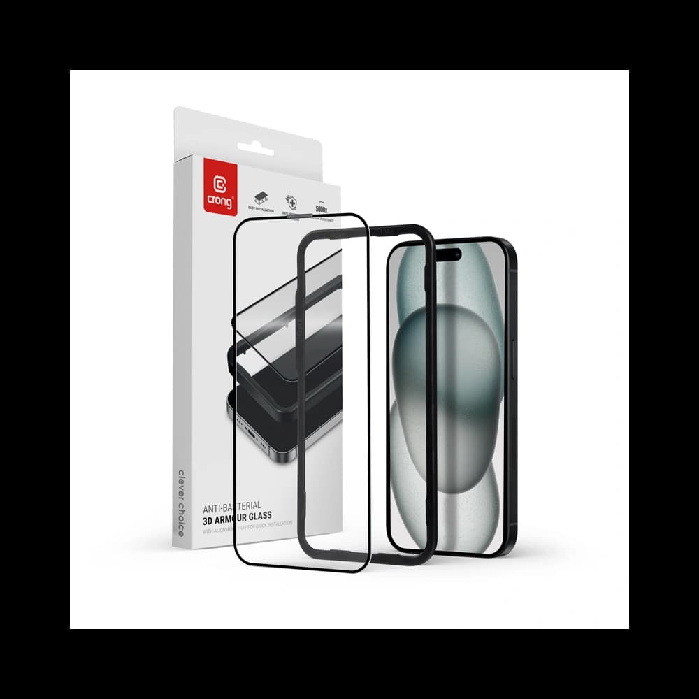 Gehärtetes Glas Crong Anti-Bakteriell 3D Rüstungs-Glas Apple iPhone 15 Plus / 14 Plus + Installationsrahmen - 1