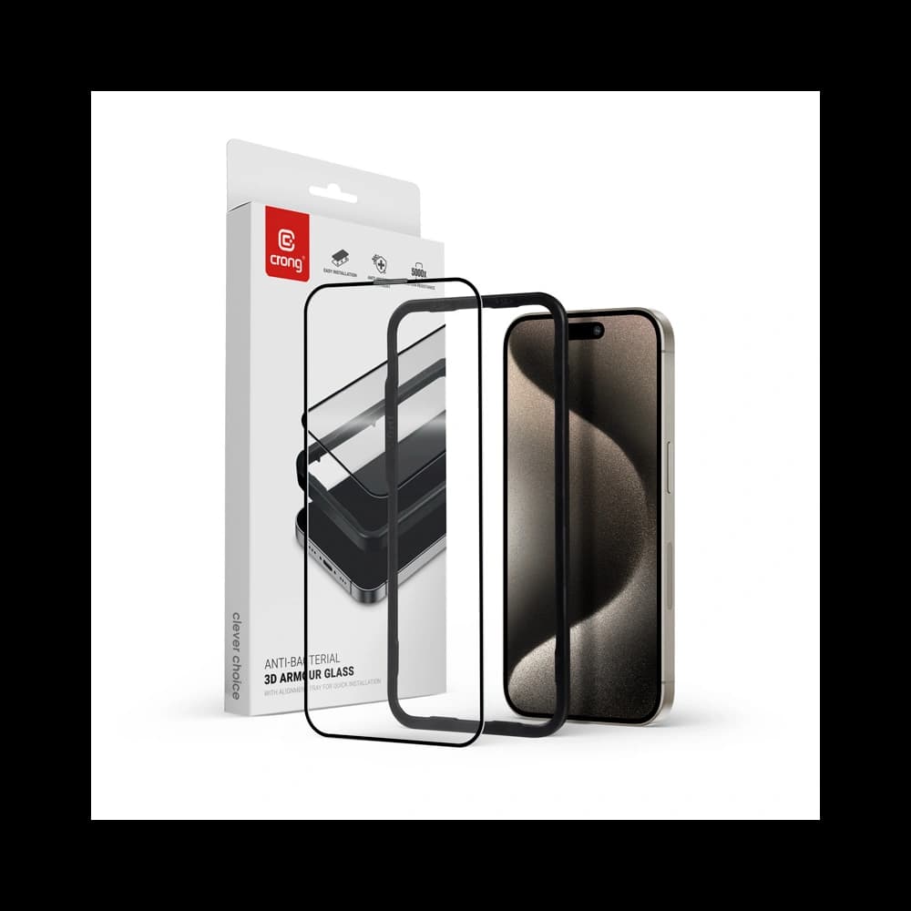 Szkło hartowane Crong Anti-Bacterial 3D Armour Glass Apple iPhone 15 Pro Max + ramka instalacyjna - 1