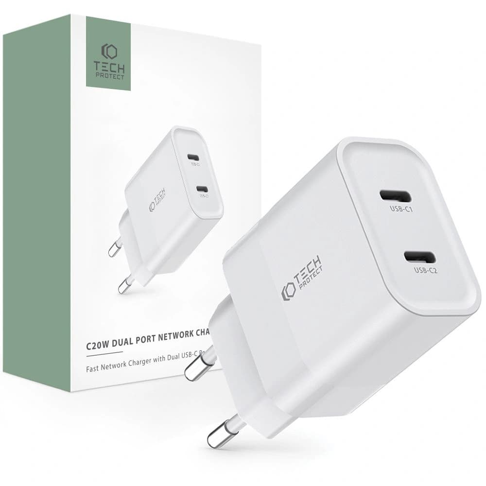 Tech-Protect C20W Network Charger 2xUSB-C, PD, 20W White - 1