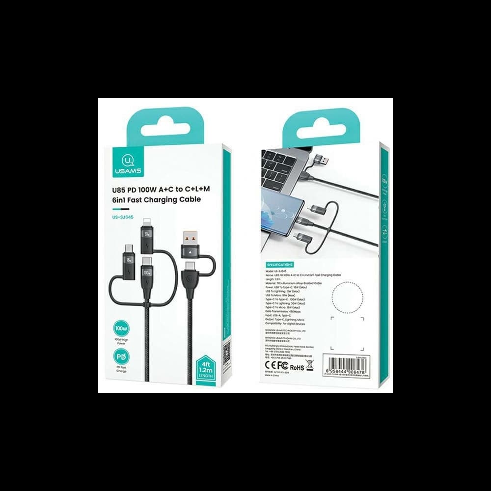 USAMS US-SJ645 U85 USB-A+USB-C/USB-C, Lightning, microUSB 6w1 1,2m 100W PD Fast Charge black - 7