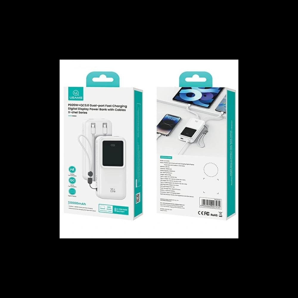 USAMS power bank with built-in USB-C + Lightning cables 30000mAh 20W PD+QC 3.0 Fast Charge X-chel Series black - 9