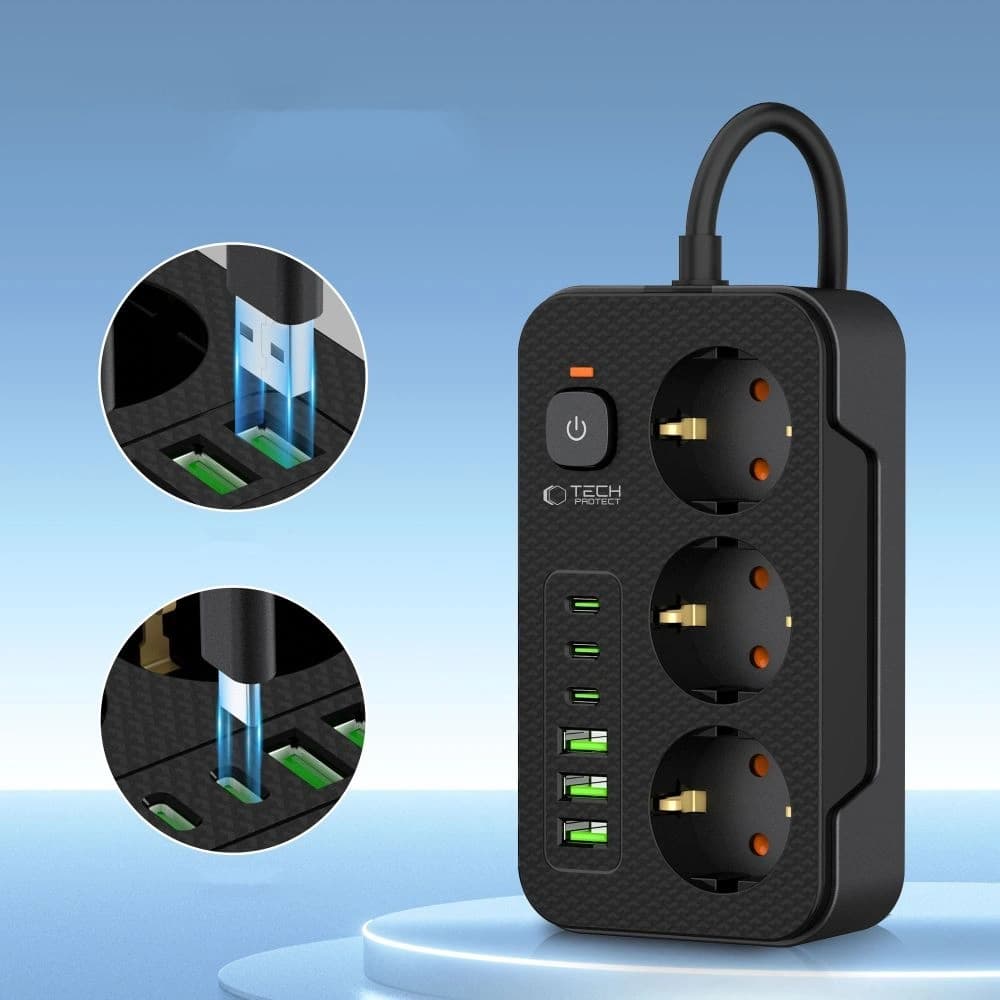 Tech-Protect PC3X6 Power Socket 3xUSB-A, 3xUSB-C, 3xAC 200cm Schwarz - 3