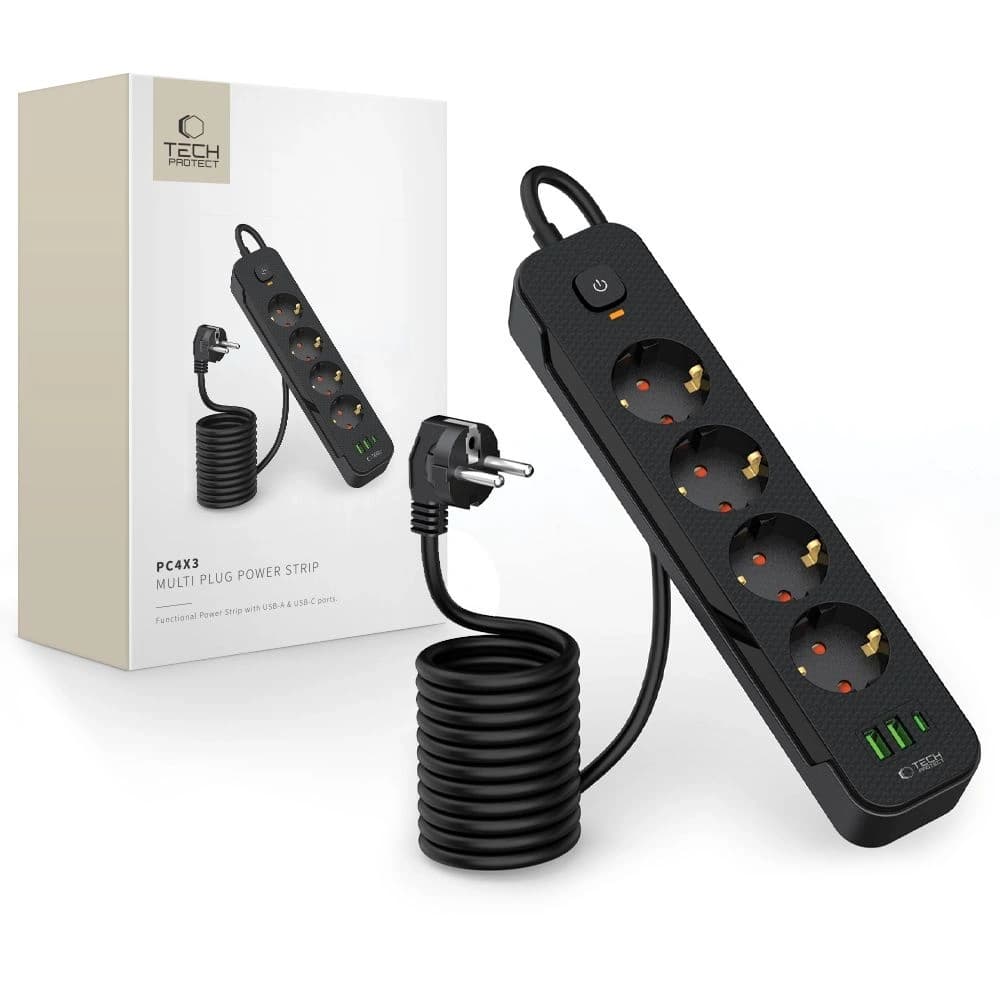 Tech-Protect PCL4X3 Power Socket Lang 2xUSB-A, USB-C, 4xAC 200cm Schwarz - 1