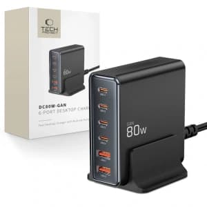 Tech-Protect stație de încărcare DC80W-GAN 6-porturi 2xUSB-A, 4xUSB-C încărcător desktop PD80W / QC3.0 negru