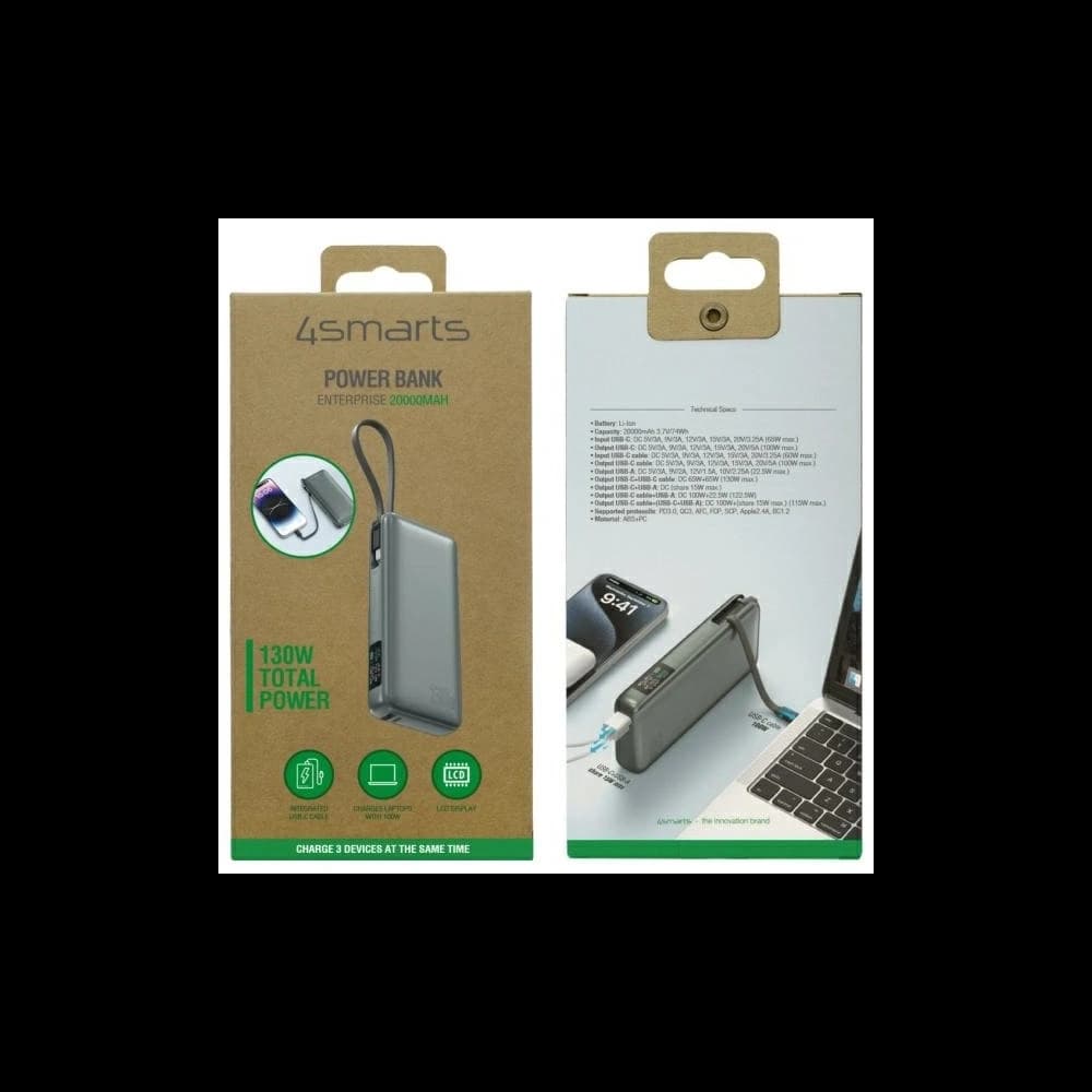 4smarts Enterprise Powerbank 20000mAh 130W cu cablu integrat USB-C, gri metalic - 3
