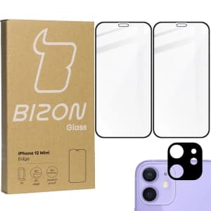 Bizon Glass Edge CF gehärtetes Glas - [2 PACK] + Linsenschutz Apple iPhone 12 Mini schwarz
