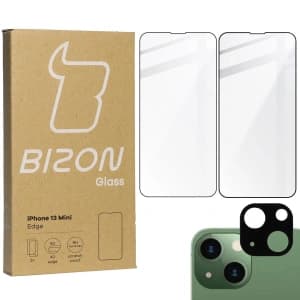 Bizon Glass Edge gehärtetes Glas - [2 PACK] + Linsenschutz Apple iPhone 13 Mini schwarz