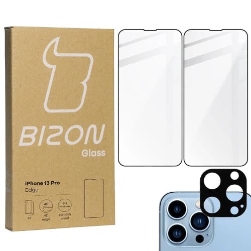Bizon Glass Edge sticlă temperată - [2 PACK] + protecție pentru lentile Apple iPhone 13 Pro negru