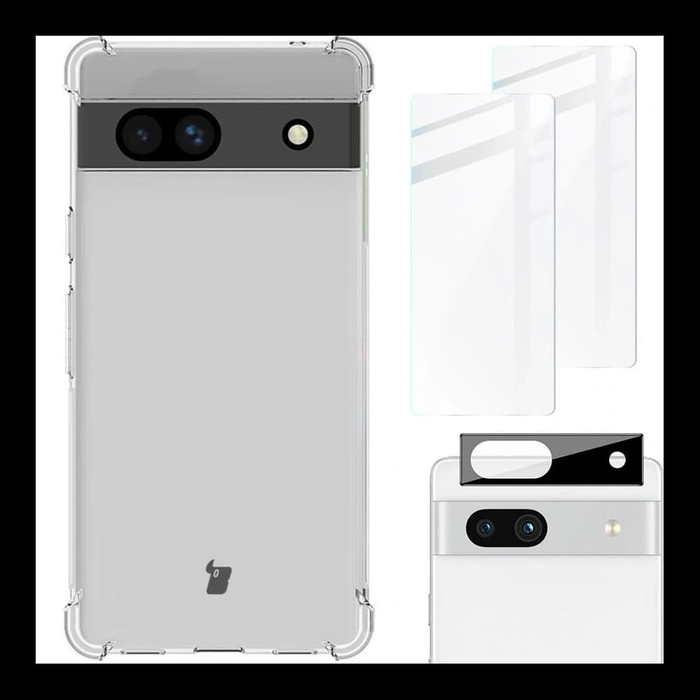 Bizon Case Clear Pack case + 2x screen glass + lens glass Google Pixel 7A clear - 1