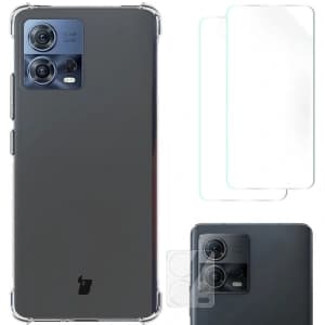 Bizon Case Clear Pack Hülle + 2x Bildschirmfolie + Linsenschutz für Motorola Moto Edge 30 Fusion klar