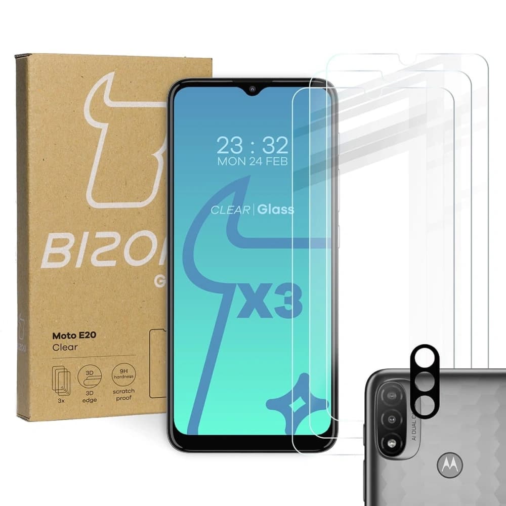 Bizon Glass Clear tempered glass - 3 pcs. + lens glass Moto E20 - 1