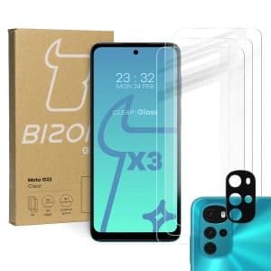 Bizon Glass sticlă temperată clară - 3 buc. + sticlă lentilă Motorola Moto G22