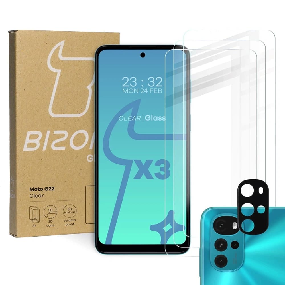 Bizon Glass Clear tempered glass - 3 pcs. + lens glass Motorola Moto G22 - 1