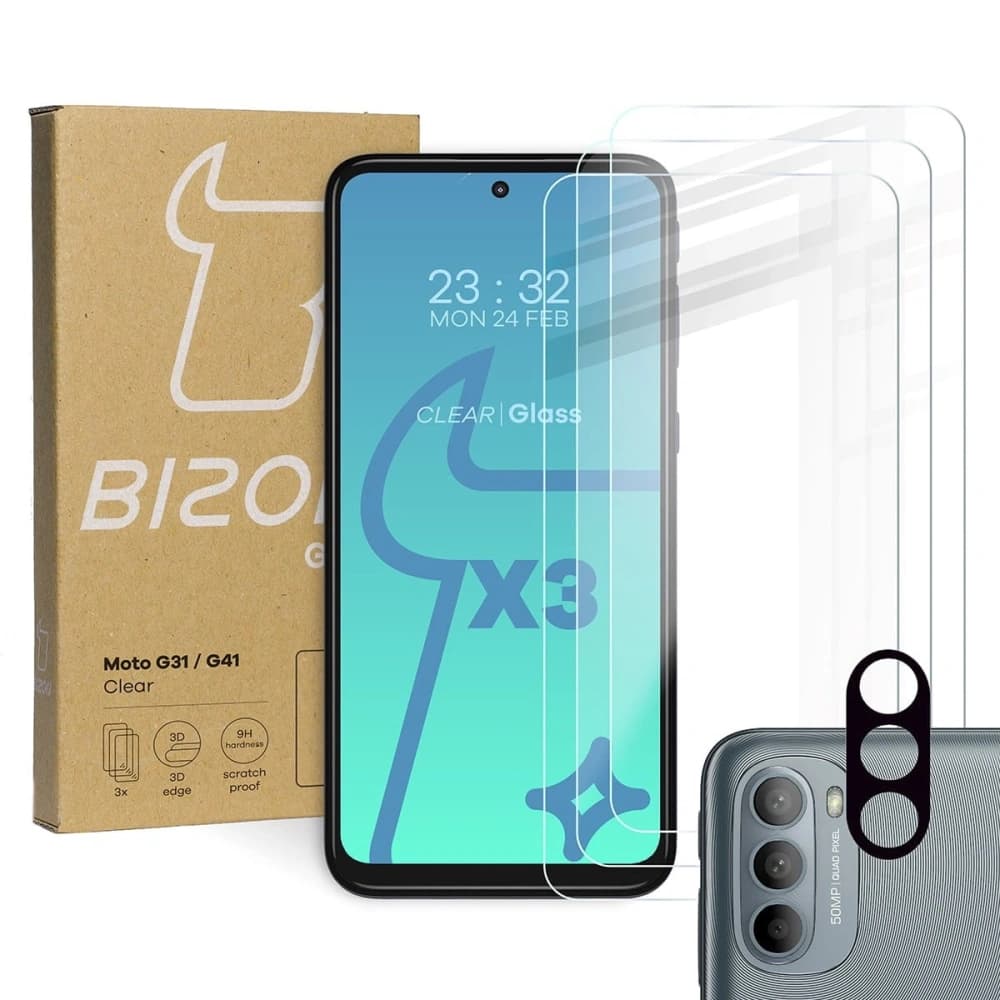 Bizon Glas Klares gehärtetes Glas - 3 Stk. + Linsenglas Moto G31 / G41 - 1