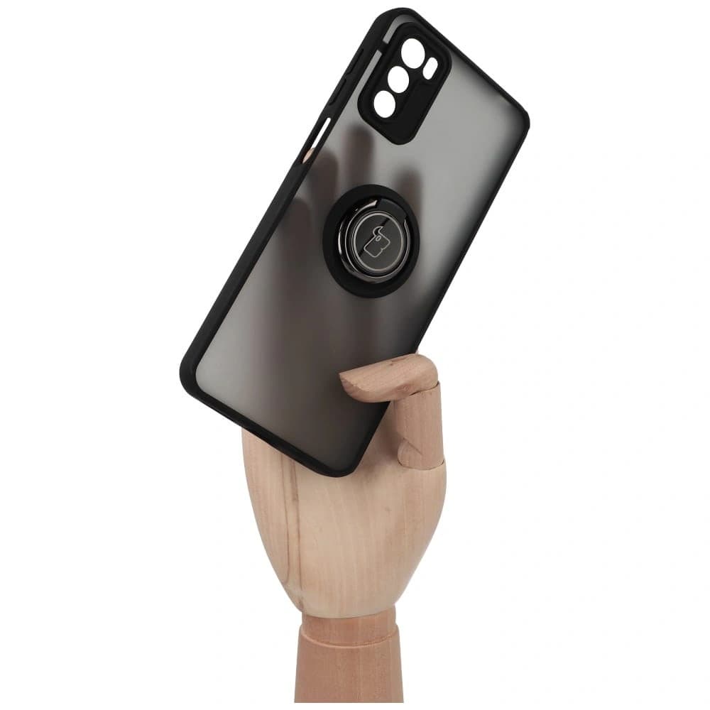 Etui s úchytem na prst Bizon Case Hybrid Ring pro Motorola Moto G42 kouřové s černým rámem - 3