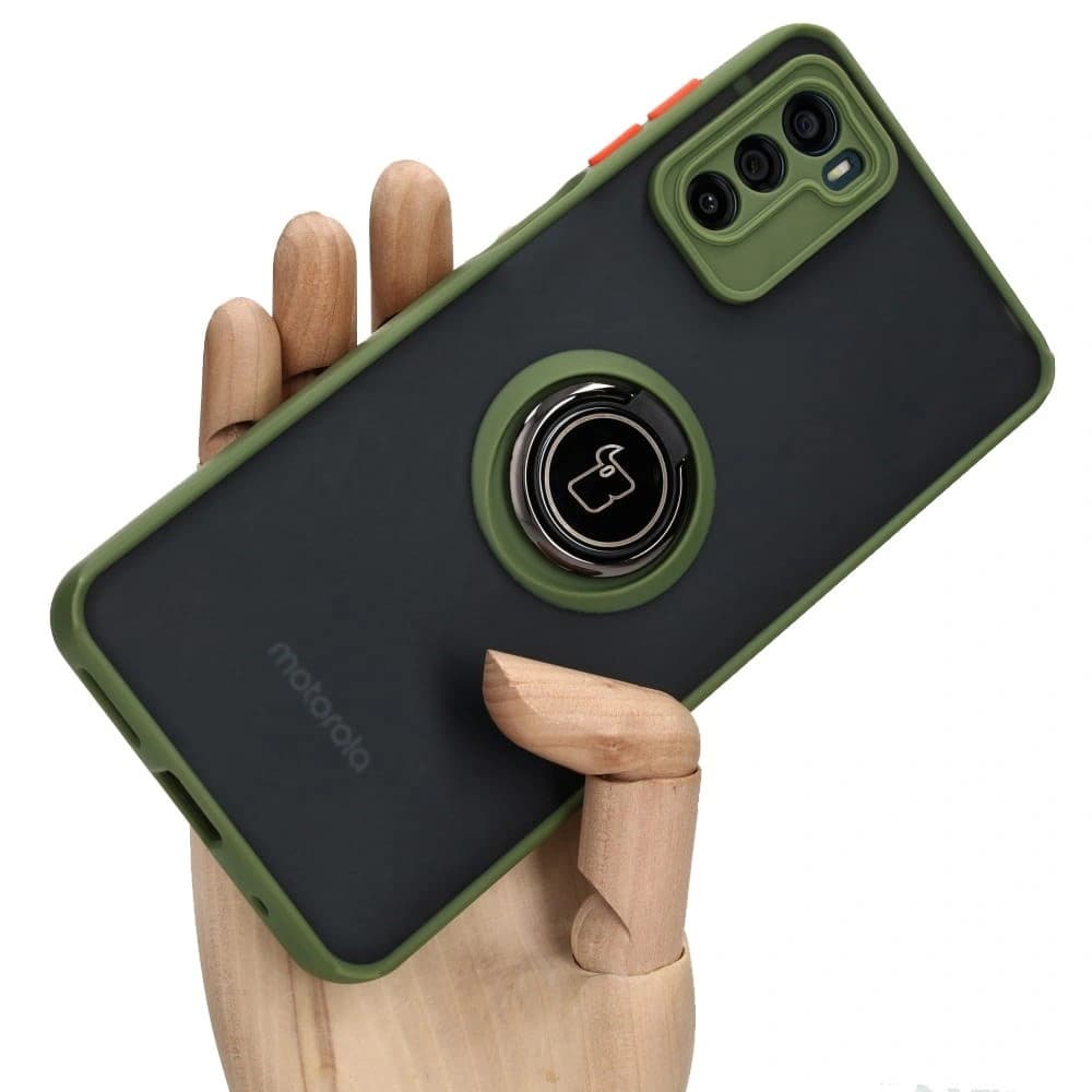 Etui s úchytem na prst Bizon Case Hybrid Ring pro Motorola Moto G42 kouřové se zeleným rámečkem - 1