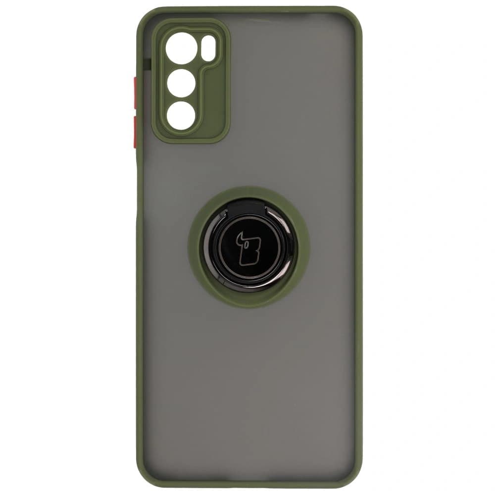 Etui s úchytem na prst Bizon Case Hybrid Ring pro Motorola Moto G42 kouřové se zeleným rámečkem - 2