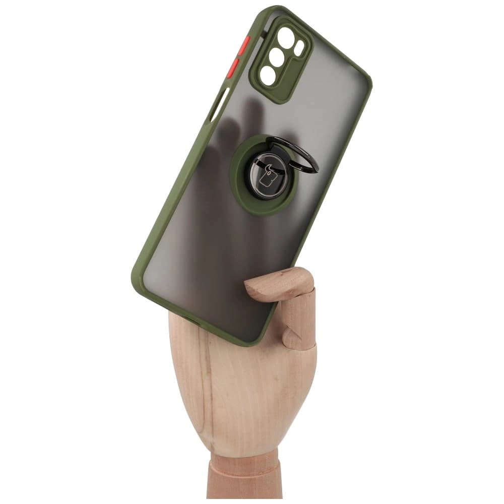 Etui s úchytem na prst Bizon Case Hybrid Ring pro Motorola Moto G42 kouřové se zeleným rámečkem - 7
