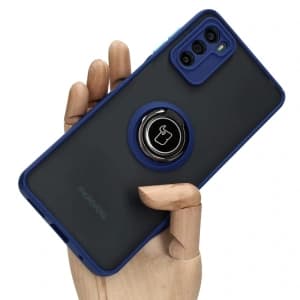 Etui s úchytem na prst Bizon Case Hybrid Ring pro Motorola Moto G42 kouřové s modrým rámečkem