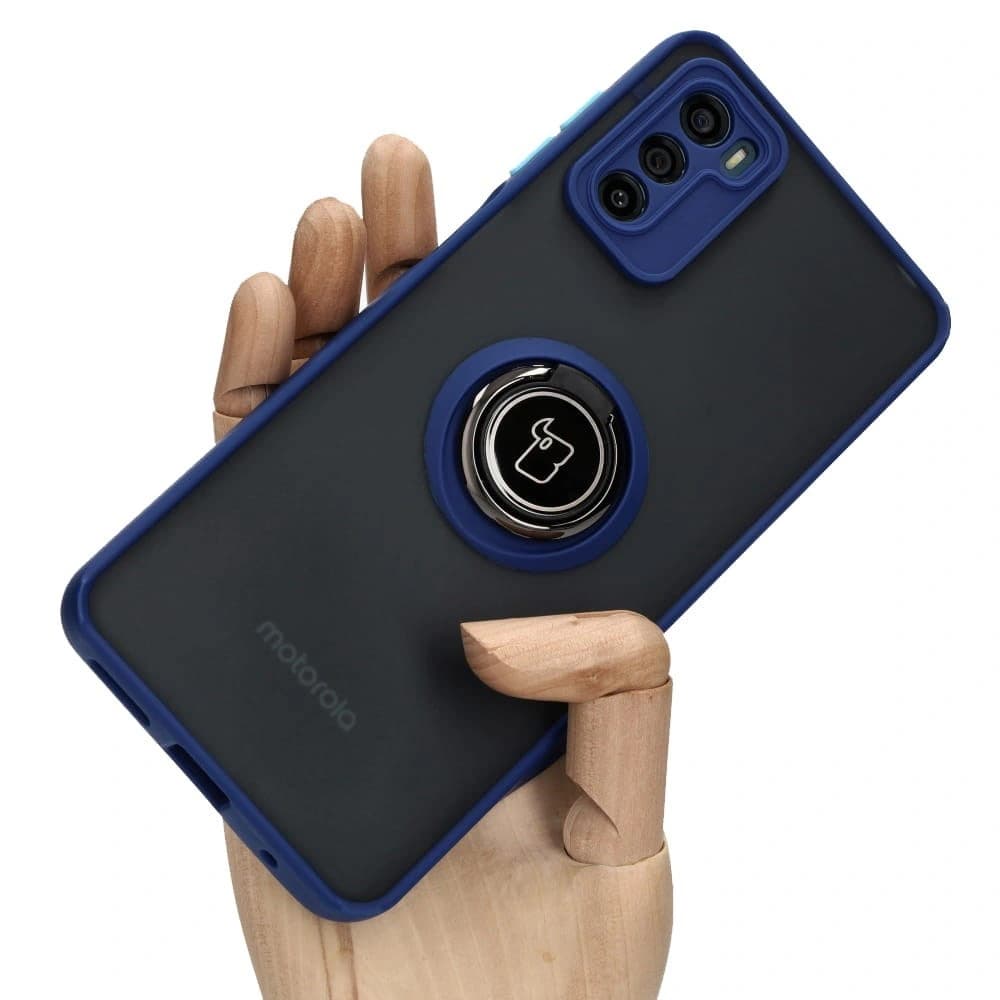 Etui s úchytem na prst Bizon Case Hybrid Ring pro Motorola Moto G42 kouřové s modrým rámečkem - 1