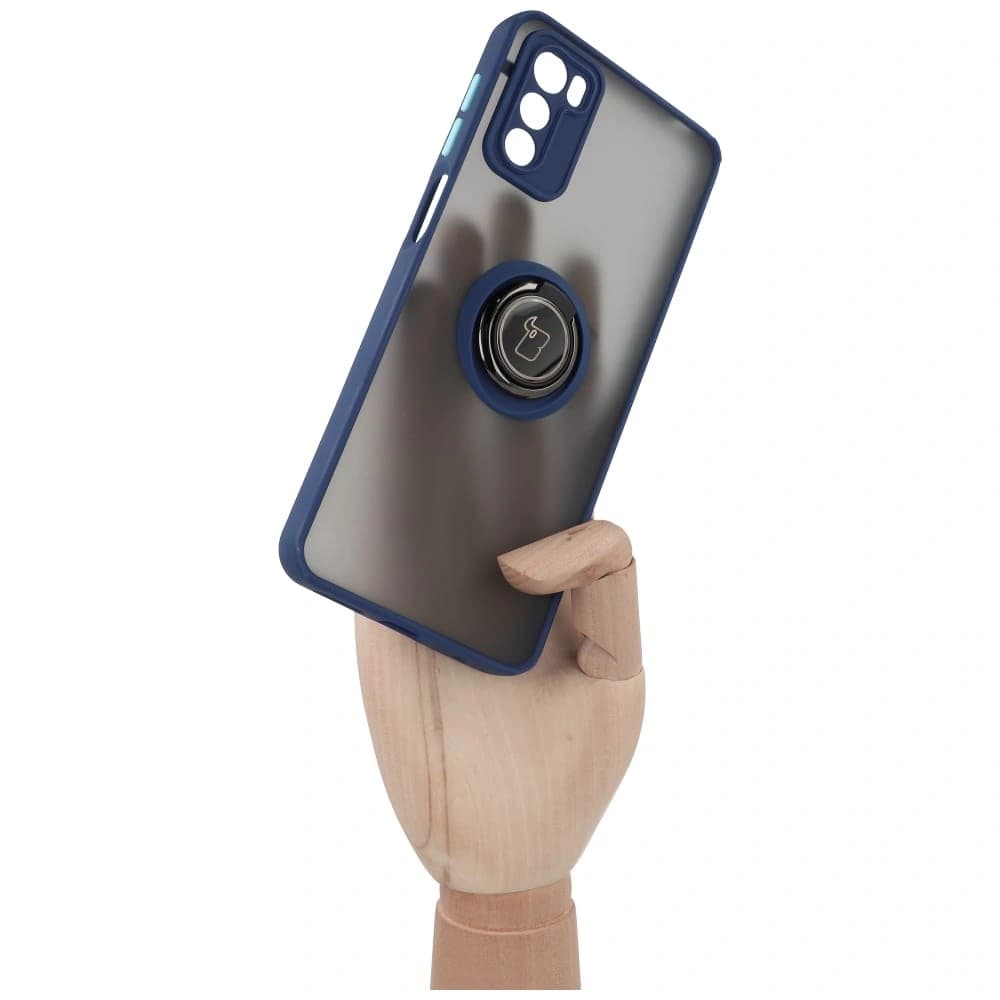 Etui s úchytem na prst Bizon Case Hybrid Ring pro Motorola Moto G42 kouřové s modrým rámečkem - 6