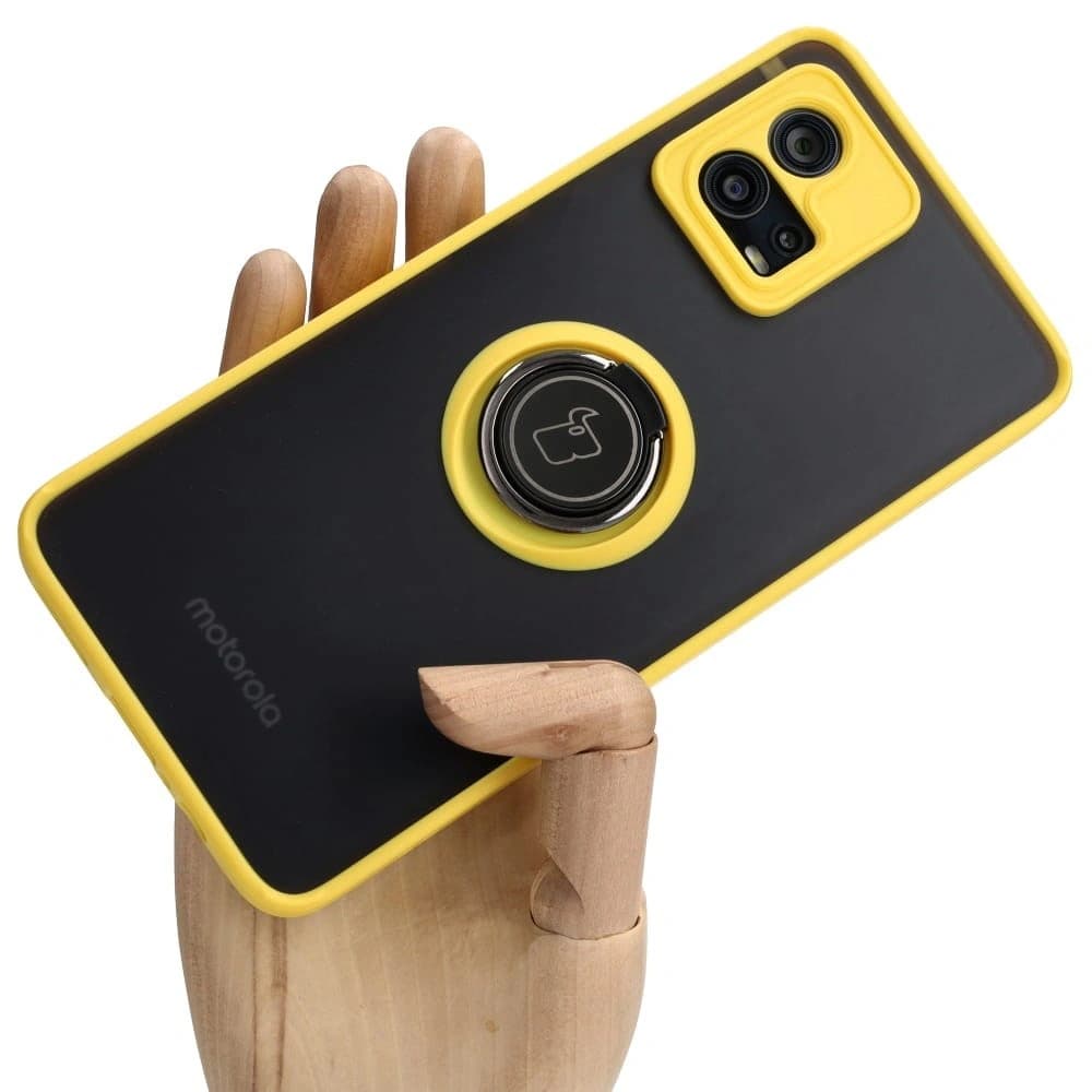 Etui s úchytem na prst Bizon Case Hybrid Ring pro Motorola Moto G72 kouřové se žlutým rámečkem - 1