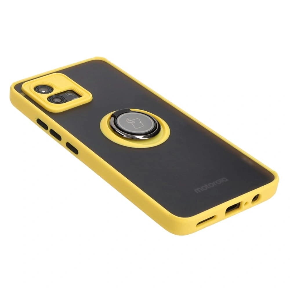 Etui s úchytem na prst Bizon Case Hybrid Ring pro Motorola Moto G72 kouřové se žlutým rámečkem - 4