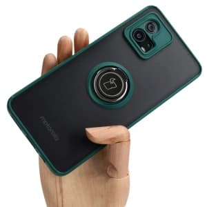 Etui z uchwytem na palec Bizon Case Hybrid Ring do Motorola Moto G72 przydymione z ciemnozieloną ramką