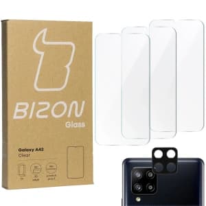 3x szkło hartowane Bizon Glass Clear + szkło na obiektyw Samsung Galaxy A42 5G