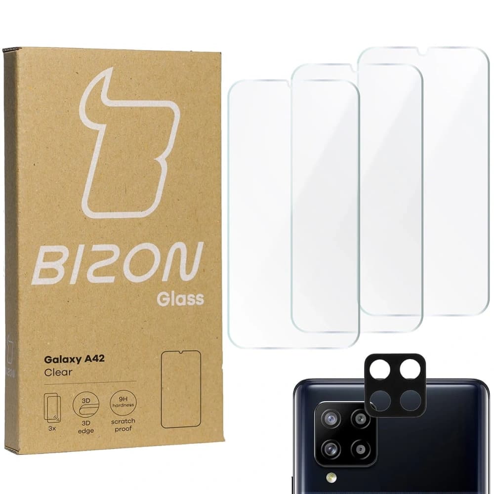3x szkło hartowane Bizon Glass Clear + szkło na obiektyw Samsung Galaxy A42 5G - 1