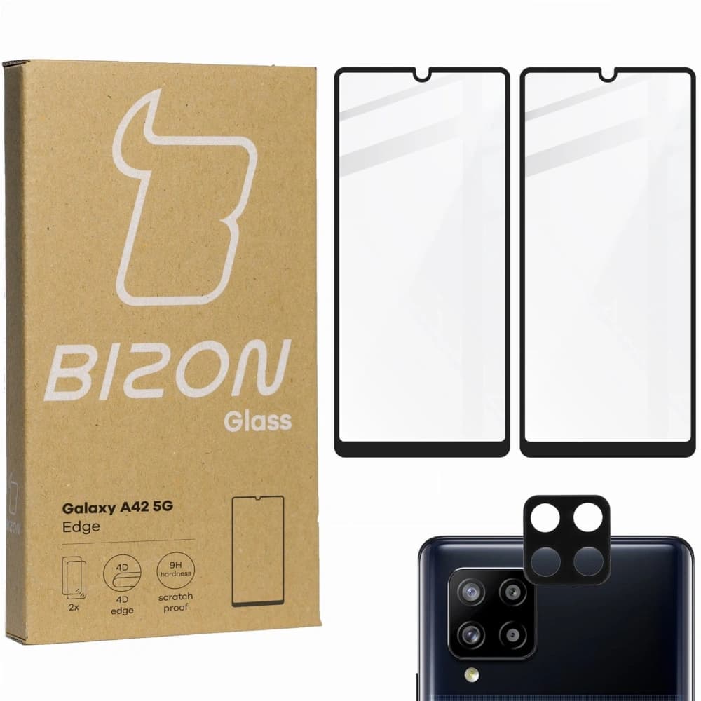 2x szkło hartowane Bizon Glass Edge + ochrona na obiektyw Samsung Galaxy A42 5G czarne - 1