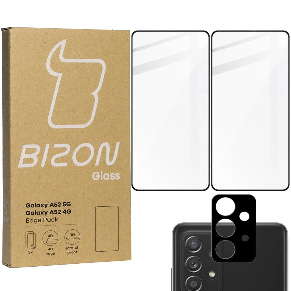 Szkło hartowane Bizon Glass Edge - [2 PACK] + ochrona na obiektyw Samsung Galaxy A52s 5G A52 4G/5G czarne - 1