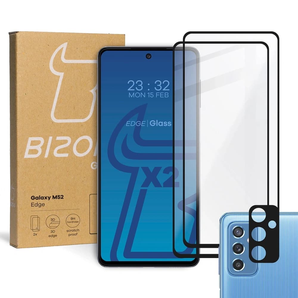 2x szkło hartowane Bizon Glass Edge + ochrona na obiektyw Samsung Galaxy M52 czarne - 1