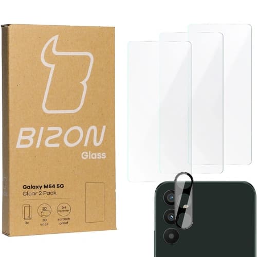 BIZON Clear 2 Pack 3x screen glass + camera glass Samsung Galaxy M54 5G