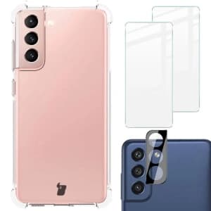 Etui + 2x szkło na ekran + obiektyw Bizon Case Clear Pack do Samsung Galaxy S21 FE przezroczyste