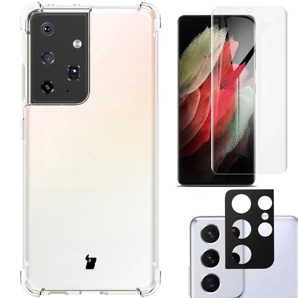 Bizon Case Clear Pack Hülle + 2x Bildschirmfolie + Linsenschutz Samsung Galaxy S21 Ultra klar - 1