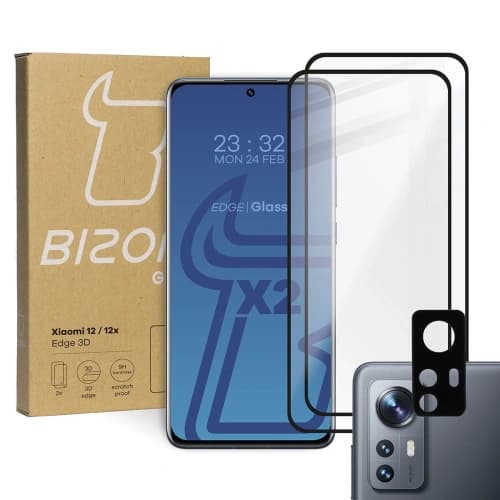 Bizon Glass Edge 3D gehärtetes Glas - [2 PACK] + Linsenschutz Xiaomi 12 / 12X schwarz