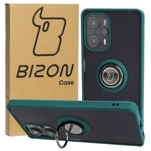 Etui z uchwytem na palec Bizon Case Hybrid Ring do Xiaomi Poco F5 przydymione z ciemnozieloną ramką