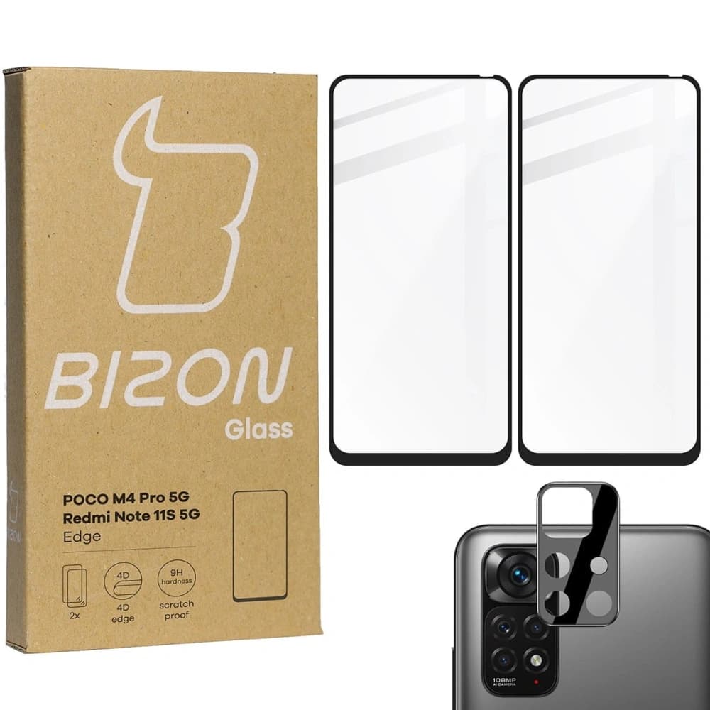 Bizon Glass Edge edzett üveg - [2 PACK] + lencsevédő Poco M4 Pro 5G / Redmi Note 11S 5G fekete - 1