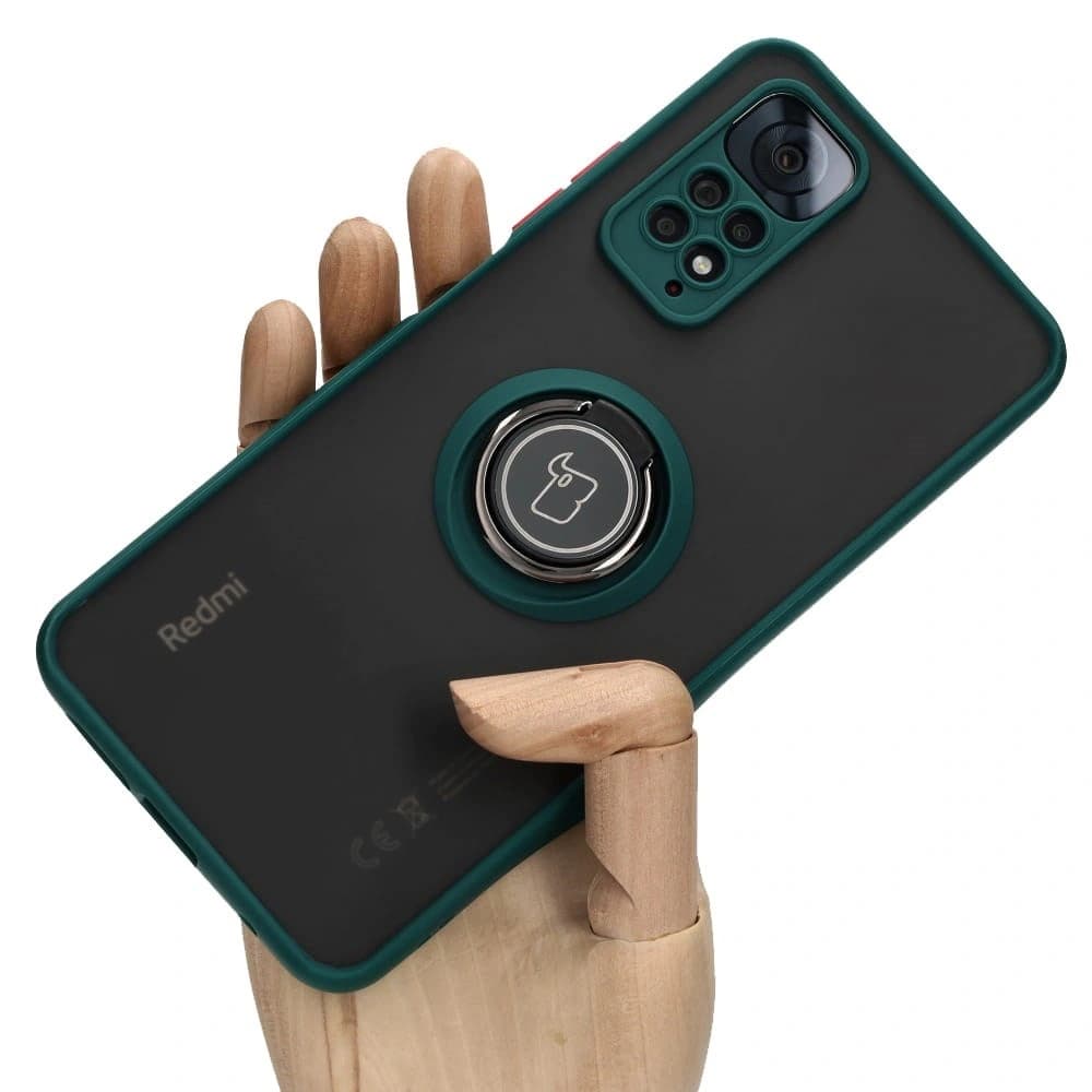 Bizon Case Hybrid Ring Xiaomi Redmi Note 11 / 11S 4G rauchig mit einem dunkelgrünen Rahmen - 1