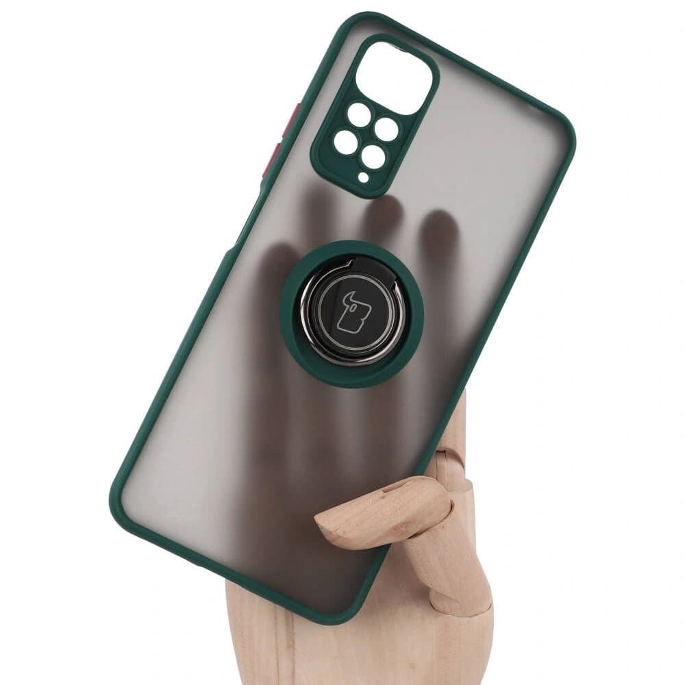 Bizon Case Hybrid Ring Xiaomi Redmi Note 11 / 11S 4G rauchig mit einem dunkelgrünen Rahmen - 6
