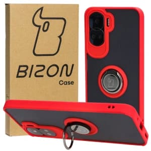 Etui s úchopem na prst Bizon Case Hybrid Ring pro Honor 90 Lite kouřové s červeným rámem