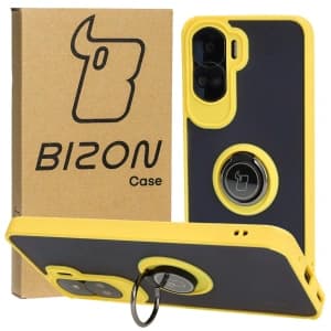 Etui s držákem na prst Bizon Case Hybrid Ring pro Honor 90 Lite kouřové se žlutým rámem