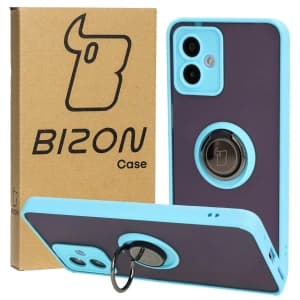 Caz Bizon Hybrid Ring Motorola Moto G14 fumuriu cu un cadru de culoare albastru deschis