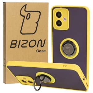 Bizon Case Hybrid Ring Motorola Moto G14 fumuriu cu un cadru galben